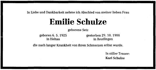 Setz Emilie 1925-1988 Todesanzeige